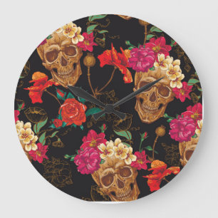 Totenkopf Blumen: Nahtloser dunkler Hintergrund. Große Wanduhr