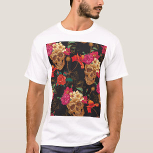 Totenkopf-Blumen: Nahtloser dunkler Hintergrund. T-Shirt