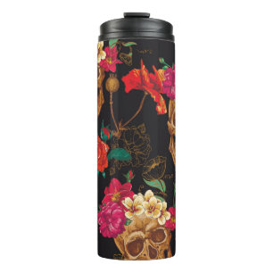 Totenkopf-Blumen: Nahtloser dunkler Hintergrund. Thermosbecher