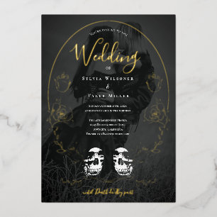 Totenkopf-Blumen-Schwarz-Foto-Gotische-Hochzeit Folieneinladung