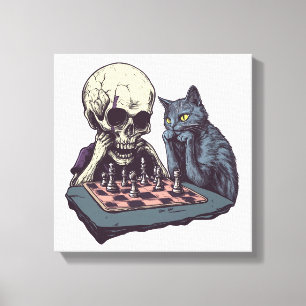 Totenkopf gegen Katze � Lustiger Schachkampf Leinwanddruck