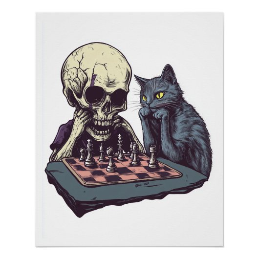 Totenkopf gegen Katze � Lustiger Schachkampf Poster (Vorderseite)