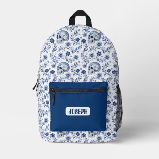 Totenkopf-Gzhel-Muster personalisierter Rucksack (Vorderseite)