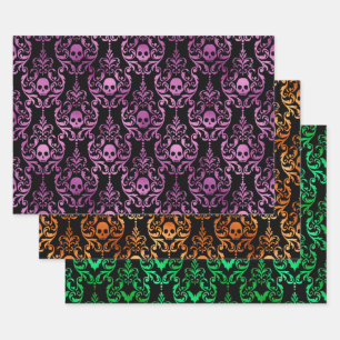 Totenkopf Halloween Damast in Lila, Orange, Grün Geschenkpapier Set