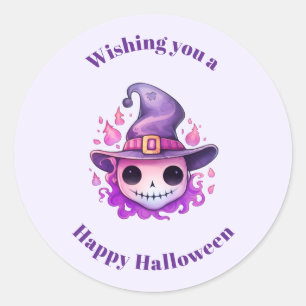 Totenkopf in einem Hexenhut skurril Halloween Runder Aufkleber