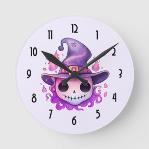 Totenkopf in einem Hexenhut Whimsical Runde Wanduhr