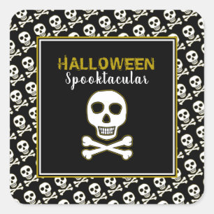 Totenkopf & Knochen, goldene Halloween-Party Quadratischer Aufkleber
