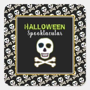 Totenkopf & Knochen, Neon-Halloween-Party Quadratischer Aufkleber