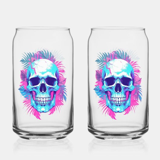 Totenkopf mit Blumen im Vaporwave-Stil Dosenglas (Vorderseite)