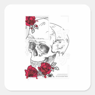Totenkopf mit Blumen - Urbaner japanischer Stil De Quadratischer Aufkleber