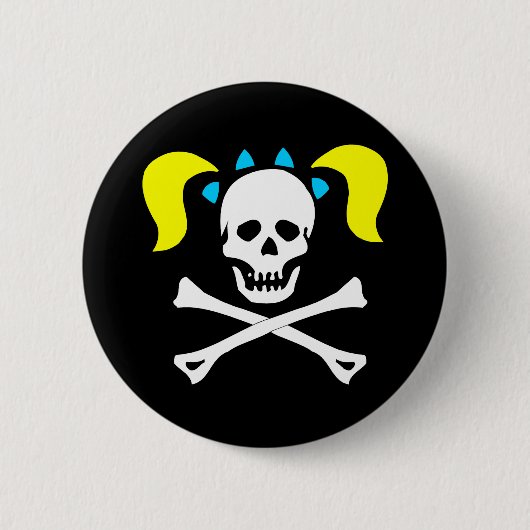 Totenkopf mit gekreuzter Knochen mit Zöpfen Button (Vorderseite)