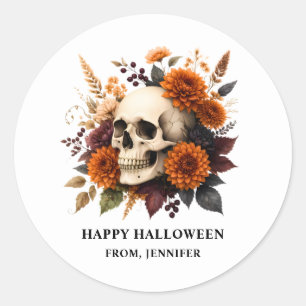 Totenkopf mit Herbstblumen Frohes Halloween Runder Aufkleber