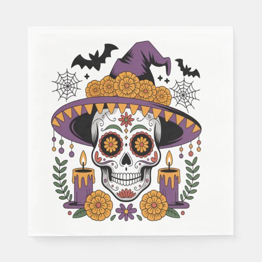 Totenkopf mit Hexenhut Halloween Vektor Serviette (Vorderseite)