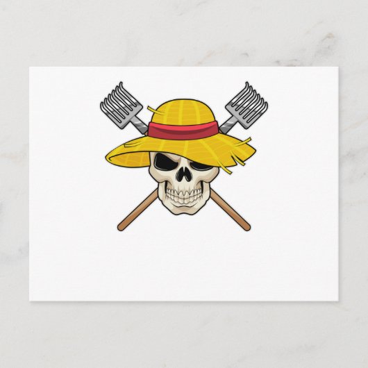 Totenkopf mit Hut als Bauer mit Rechen Postkarte (Vorderseite)