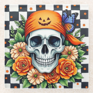 Totenkopf mit orangefarbener Bandana und Rosen mit Glasuntersetzer