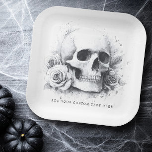 Totenkopf mit Rosen Aquarellmalerei Pappteller