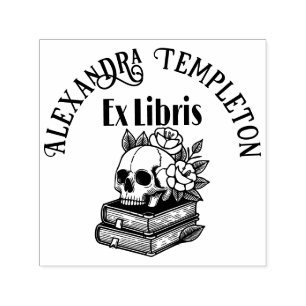Totenkopf mit Rosen auf Büchern #4PS mit Ex Libris Permastempel