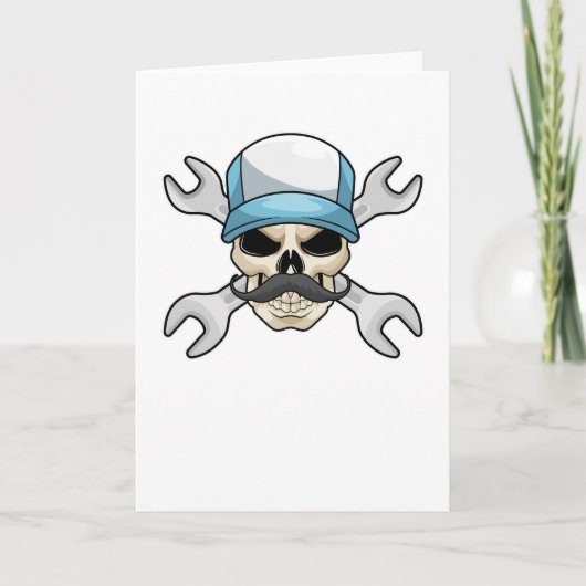 Totenkopf mit Schnurrbart & Schraubenschlüssel Karte (Vorderseite)