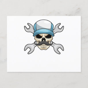 Totenkopf mit Schnurrbart und Schraubenschlüssel Postkarte