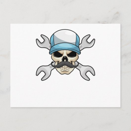 Totenkopf mit Schnurrbart und Schraubenschlüssel Postkarte (Vorderseite)