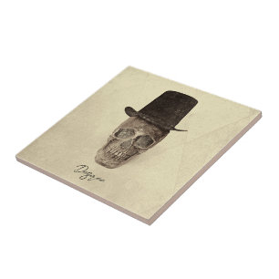 Totenkopf mit Zylinder gotische Vintage-Sepia-Text Fliese