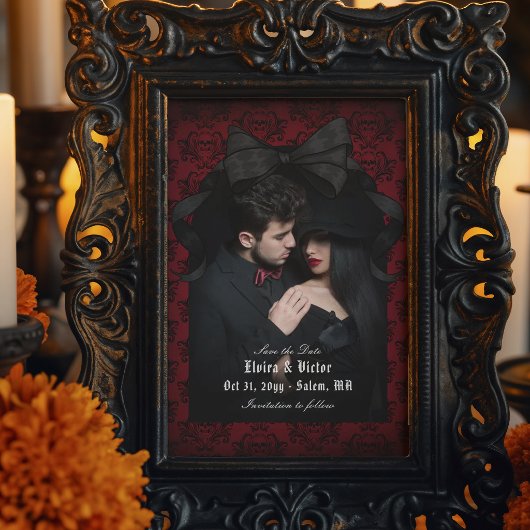 Totenkopf Rot Damast Schwarz Schleife Goth Hochzei Save The Date