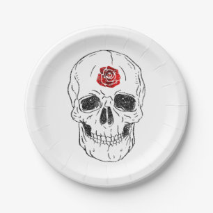 Totenkopf-Skelett-Schädel-Knochen Schwarz & Rote R Pappteller