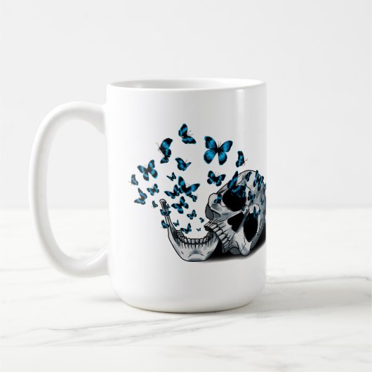 Totenkopf und blaue Schmetterlinge Kaffeetasse (Links)