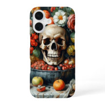 Totenkopf und Früchte in Vanitas-Manier auf dem Co