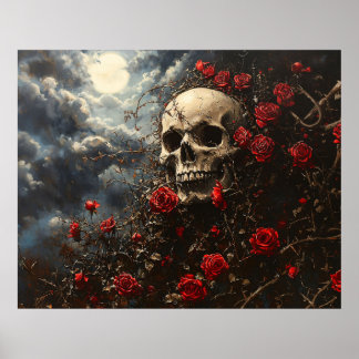 Totenkopf und karmesinrote Rosen Poster