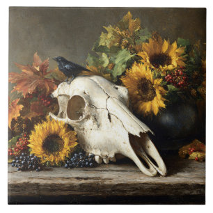 Totenkopf und Krähe Herbst Stilleben Fliese