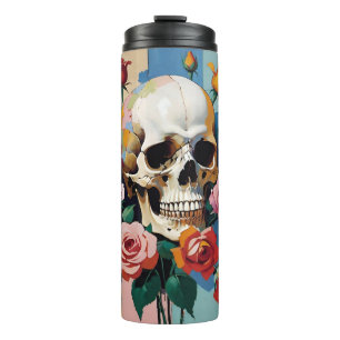 Totenkopf und Rosen Retro-Farbenblock Thermosbecher