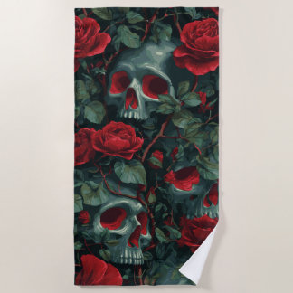 Totenkopf und rote Rosen Muster – dunkles florales Strandtuch