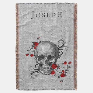 Totenkopf und rote Rosen personalisiert Decke