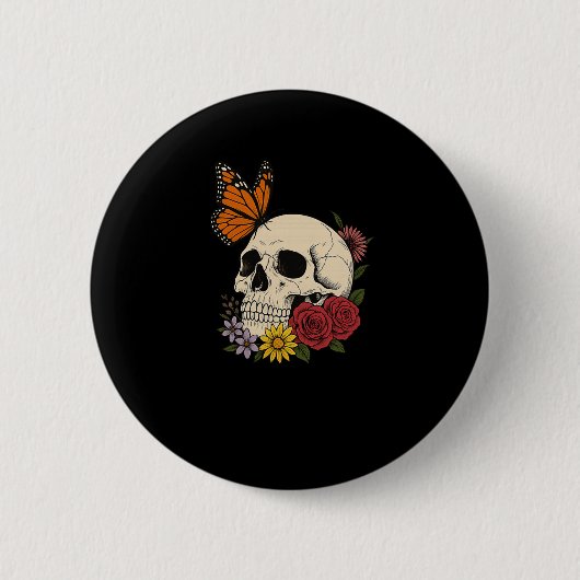 Totenköpfe Monarch Schmetterling Blumen Halloween Button (Vorderseite)