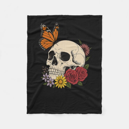 Totenköpfe Monarch Schmetterling Blumen Halloween Fleecedecke (Vorderseite)