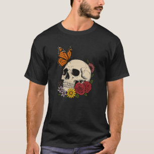 Totenköpfe Monarch Schmetterling Blumen Halloween T-Shirt