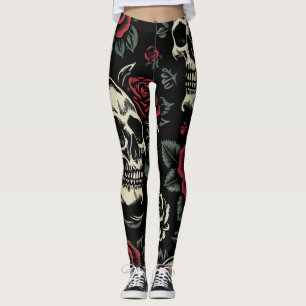 Totenköpfe & Rote Rosen Gothic-Blumenmuster  Leggings