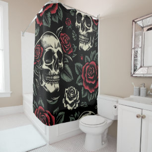 Totenköpfe & Rote Rosen Gothic Floral  Duschvorhang