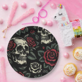 Totenköpfe & Rote Rosen Gothic Floral  Pappteller (Party)