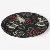 Totenköpfe & Rote Rosen Gothic Floral  Pappteller (Schrägansicht)