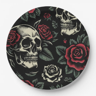 Totenköpfe & Rote Rosen Gothic Floral Pappteller