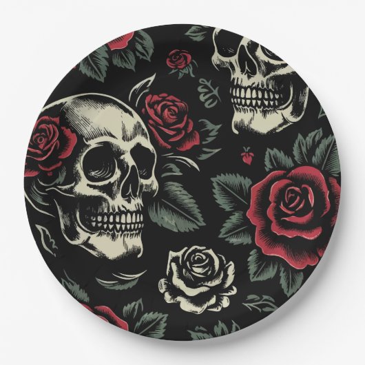 Totenköpfe & Rote Rosen Gothic Floral  Pappteller (Vorderseite)