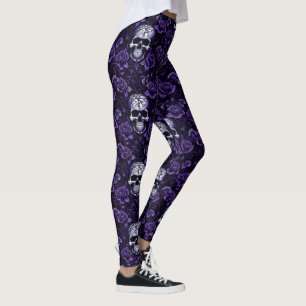 Totenköpfe und lila Blumen Leggings