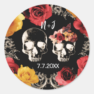 Totenmaske Schädel Rot Gelb Herbst Floral Hochzeit Runder Aufkleber