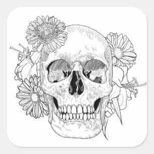 Toter Schädel und Blumen inspiriert Quadratischer Aufkleber