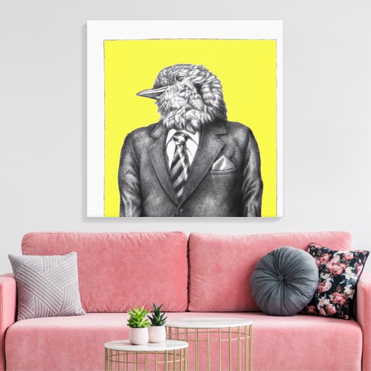 Toter Vogel in schwarzen Anzügen (Retrogelb) Leinwanddruck (Insitu (Wohnzimmer))