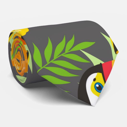 Toucan Bird Orange Tropical Blume Grüne Blätter Krawatte (Gerollt)