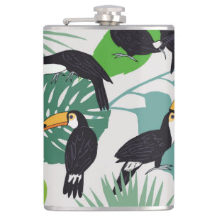 Toucan Bird: Palm Blätter Pattern Flachmann