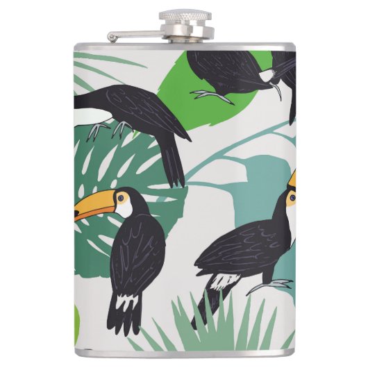Toucan Bird: Palm Blätter Pattern Flachmann (Vorderseite)